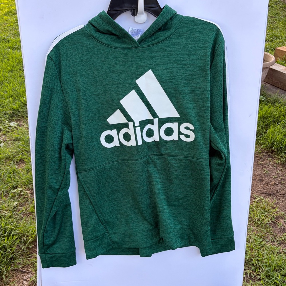 Adidas Boys Green Heathered Hoodie 3-Stripe Pullover Sweatshirt Size XL 18/20